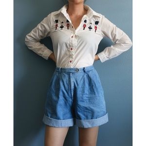 White Button-down Cotton Shirt, Cute Embroidered